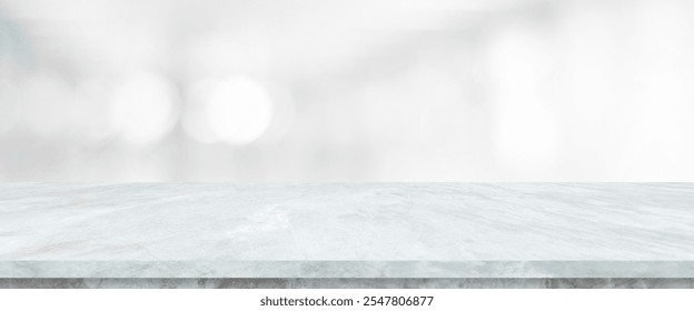 Empty white table top, counter, desk background over blur abstract bokeh light background, White marble stone table, shelf and blurred white backgroundt for food, product display mockup, template