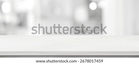Empty white table top, counter, desk background over blur abstract bokeh light background, White marble stone table, shelf and blurred white backgroundt for food, product display mockup, template