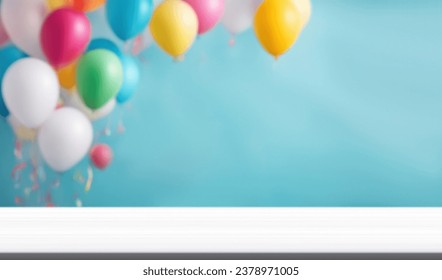 Empty white table top in front, blurred happy birthday party decoration background. Celebration blank scene with colorful balloons. Podium, pedestal, shelf - Powered by Shutterstock