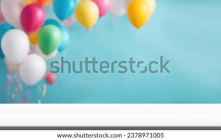 Empty white table top in front, blurred happy birthday party decoration background. Celebration blank scene with colorful balloons. Podium, pedestal, shelf