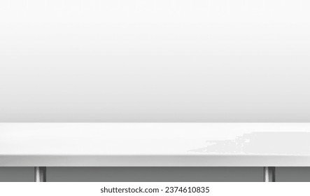 Empty white table top surface, front view. Blank horizontal plastic shelf. Kitchen table in front, blurred clear wall