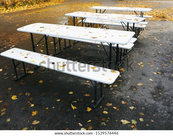 Empty White Tables Benches Street Cafe Stock Photo Edit Now