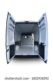 Empty white van with rear and side doors opened