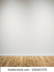 Empty white wall background with wooden floor lit with two small spot lights 