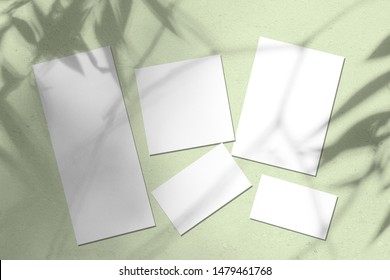 Empty white wedding stationery mockups with soft willow leaves shadows on light green concrete background. Blank invitation, greeting card, menu, rsvp, table card, thank you card. Flat lay, top view - Shutterstock ID 1479461768