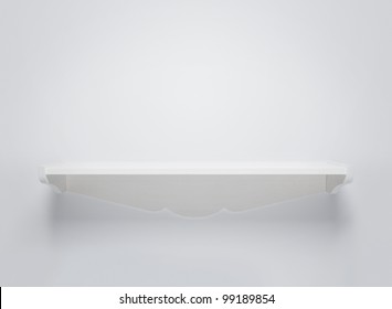 Empty White Wooden Shelf At The Wall With Copy Space