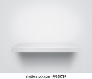 Empty White Wooden Shelf At The Wall With Copy Space