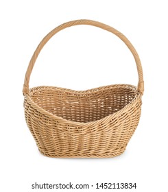 Empty wicker picnic basket on white background