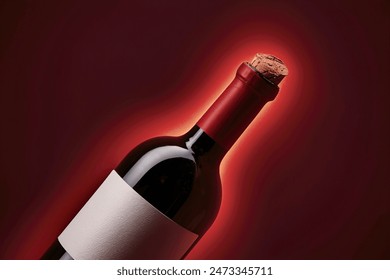 an empty wine bottle with a white label, set against a rich, deep red background Stockfoto