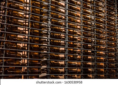 Empty Wine Bottles On A Shelf. Wine Vault. Wine Bottle Wall