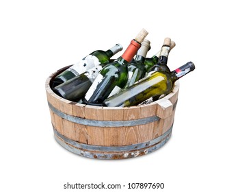 empty wine bottles in wood tank with clipping path
