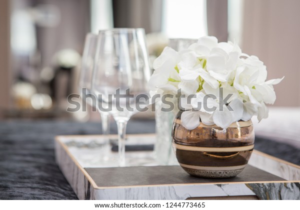 Empty Wine Glasses Flower Vases Tray Stock Photo Edit Now 1244773465