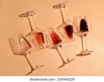 Empty Wine Glasses On Light Color Background, Top View