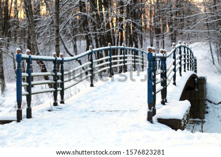Empty winter bridge in the park over a small river. Metal railing covered with white fluffy snow.