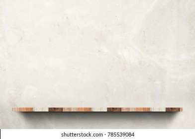 Empty Wood Board Shelf At Concrete Wall Background,Mock Up For Display Or Montage Of Product Or Design