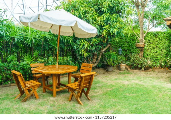 Empty Wood Outdoor Patio Table Chair Stock Photo Edit Now 1157235217