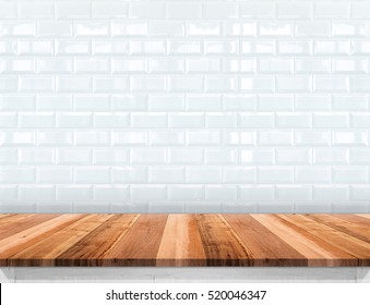 Empty Wood Plank Table Top With Glossy Ceramic White Tile Wall,Mock Up For Display Or Montage Of Product