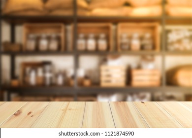 Empty Wood plate top table on coffee bean shelf blur background - Powered by Shutterstock