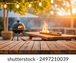 Empty wood table with blur BBQ space for background