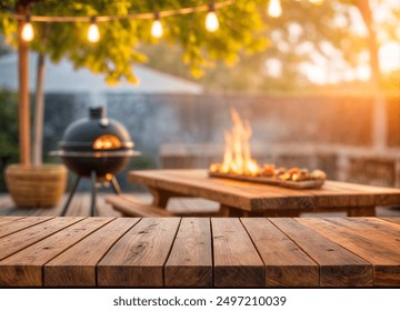 Empty wood table with blur BBQ space for background