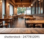 Empty wood table with blur interior outdoor space coffee  restaurant or cafe for background
