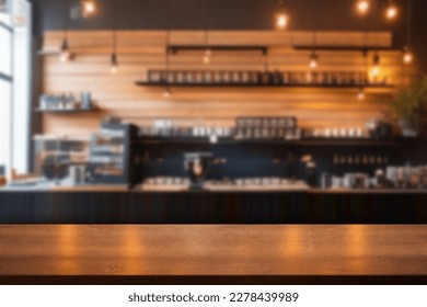 Empty wood table with blur interior coffee shop restaurant or cafe for background. - Powered by Shutterstock