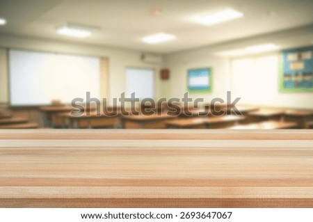 Empty wood table in Classroom interior with chalkboard.