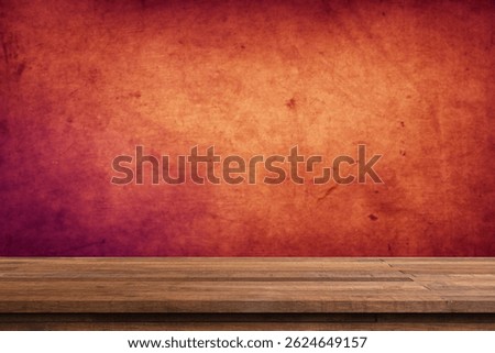 Empty wood table at foreground with brown or red color fabric wallpaper at background for product placement displayed. empty brown wooden deck table with red background for luxury concept.