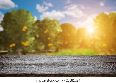 Empty wood table with free space over orange trees, orange field background. For product display montage. - Shutterstock ID 428181727