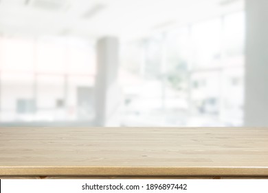 Empty Wood Table On Blur Kitchen Window Background For Panoramic Banner