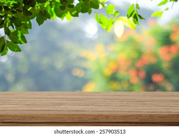 Empty wood table over blurred trees with bokeh background, product display template - Shutterstock ID 257903513