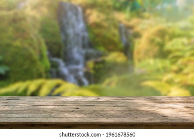 Empty Wood Table Top With Abstract Blur Park Garden Pond Background