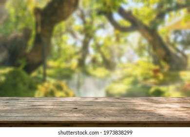 Empty Wood Table Top With Abstract Blur Park Garden Pond Background