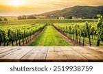 Empty wood table top with blur background of vineyard landscape in winery. The table giving copy space for placing advertising wine product on the table along with beautiful winery vineyard background