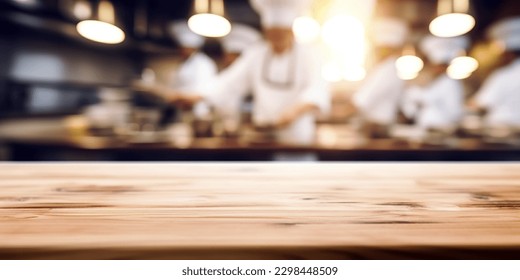 Empty Wood table top with Chef cooking in restaurant kitchen blurred defocused background - Powered by Shutterstock