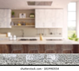 Empty wood table top and modern blurred kitchen window background
 - Shutterstock ID 1819983554