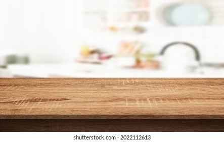 Empty Wood Table Top On Blurred Kitchen Counter Background - Can Be Used For Display Or Product Display Concept.