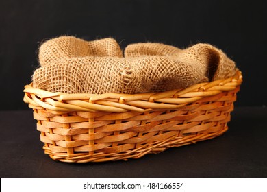 Empty Wooden Basket With Gunny Sack