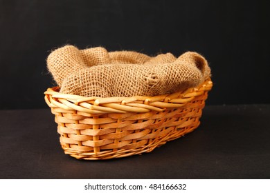 Empty Wooden Basket With Gunny Sack