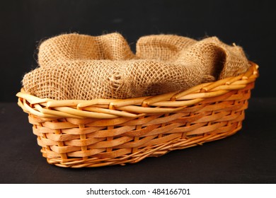 Empty Wooden Basket With Gunny Sack