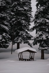 Empty Wooden Bench Under Snow .TURKEY