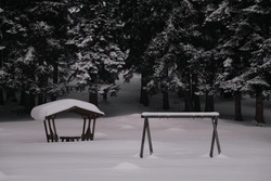 Empty Wooden Bench Under Snow .TURKEY