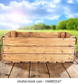 Empty Wooden Box And Blue Sky 