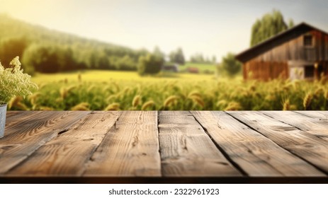 The empty wooden brown table top with blur background of farm and barn. Exuberant image. - Shutterstock ID 2322961923
