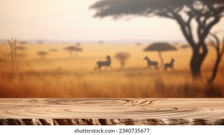 The empty wooden brown table top with blur background of Savanna Safari. Exuberant image.