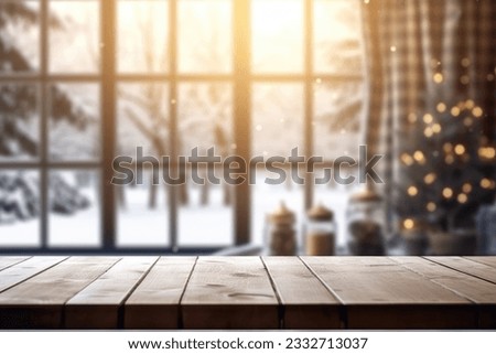 The empty wooden brown table top with blur background of home room in winter. Exuberant image.