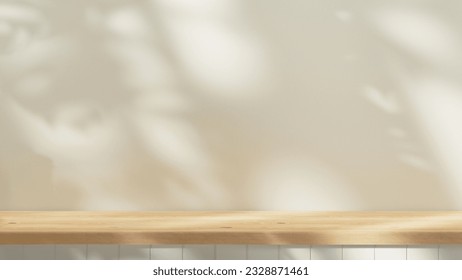 Empty wooden countertop mock up to present product and for text design. background summer mock up with tree and leafs shadows and sunlight from window. cozy wooden table and pastel plaster wall. - Shutterstock ID 2328871461