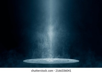 The empty wooden cylinder shape of product display Podium, Stand for showing or design blank backdrop dark abstract wall with smoke float up. Platform illuminated by spotlights - Shutterstock ID 2166336041