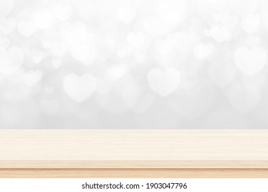 Empty Wooden Deck Table On White Background With Heart Shape. Valentines Day Concept