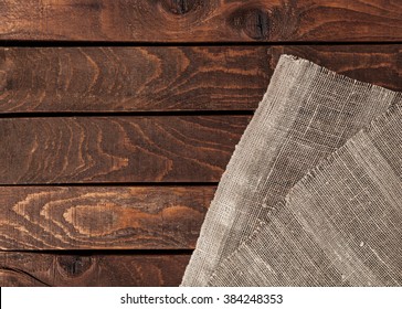 Empty Wooden Deck Table With Tablecloth. Top View